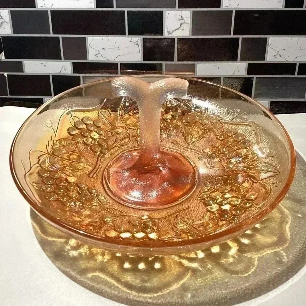 Vintage Imperial Carnival Glass Grape Design Candy Dish, Serving Dish